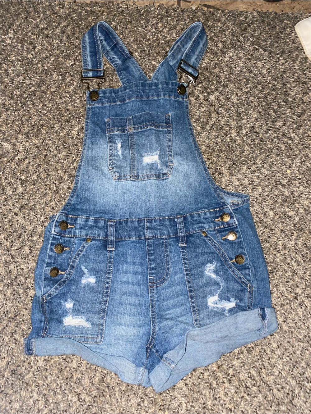Blue Denim Women’s Distressed Short Overalls